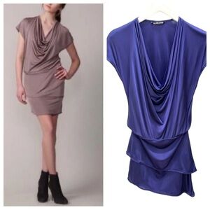 Black Halo Laurie Draped Neckline Tiered Mini Dress Body Con SZ XS Dark Blue